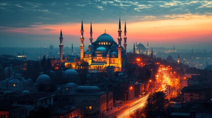 Obraz premium Mosque complex seen from above, beautifully lit, surrounded by city streets, twilight 