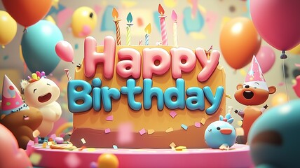 Obraz premium A playful and colorful cartoon illustration celebrating a funny birthday, featuring the text 'Happy Birthday' in big, bold, and cheerful letters