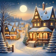 Fototapeta premium A nostalgic Christmas card featuring a warm, magical winter village scene with cozy cottages, twinkling lights, and snowy streets, capturing the charm and joy of the most beautiful time of the year.