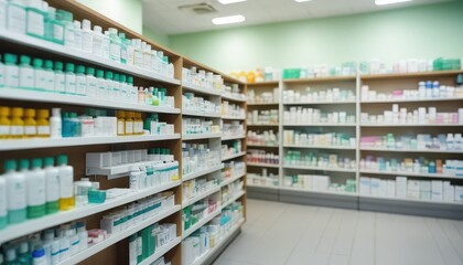 A well-organized pharmacy aisle displaying various skincare and health products on shelves with a clean, green backdrop.