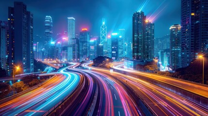 Obraz premium A vibrant cityscape at night with illuminated skyscrapers and light trails from traffic.
