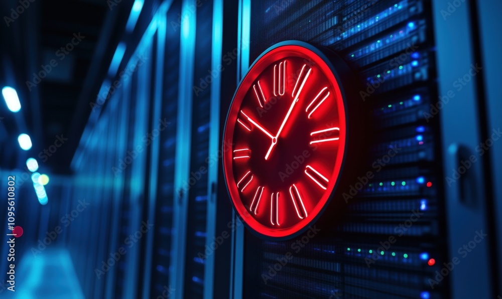 Poster red clock in data center, illuminated by blue lights, showcasing modern technology and time manageme