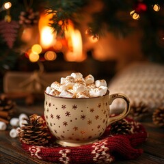 Fototapeta premium Cup of cocoa with marshmallow in winter Christmas or New Year style cozy picture with fireplace and Christmas tree