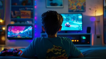 Relaxed Gamer in Colorful LED Room Setup