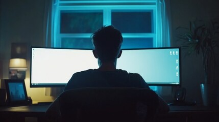 Relaxed Streaming Setup with Dual Monitors and Lighting