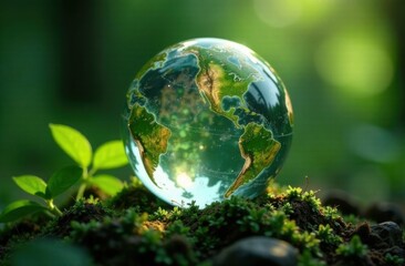 Glowing glass planet earth on green natural background, ecology concept