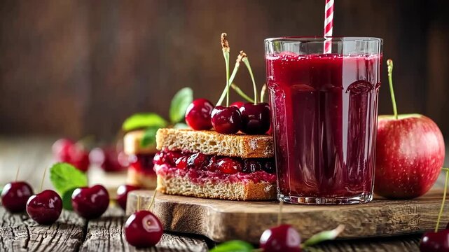 Homemade cherry jam sandwich with fresh cherries and apple on wooden table