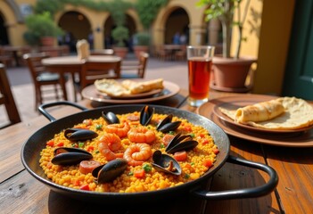 Delicious seafood paella served with bread and a refreshing drink in a cozy outdoor setting