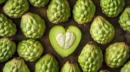 Fototapeta premium A vivid display of cherimoya fruits, their green, heart-shaped exterior slightly cracked to reveal the creamy, custard-like flesh.