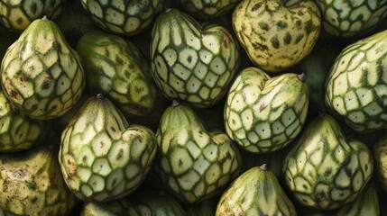 Fototapeta premium A vivid display of cherimoya fruits, their green, heart-shaped exterior slightly cracked to reveal the creamy, custard-like flesh.