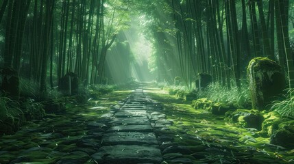 Fototapeta premium A serene bamboo forest path illuminated by soft sunlight, inviting tranquility and reflection.