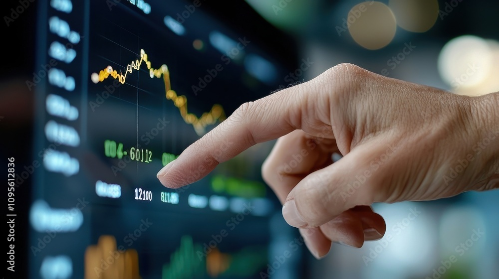 Poster hand pointing at line graph on screen