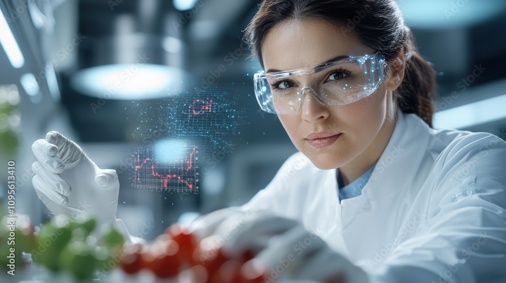 Poster scientist analyzing data in a futuristic lab setting