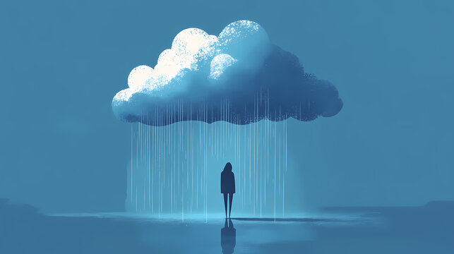 Minimalist illustration of a sad figure standing under a rain cloud, representing depression, loneliness, and mental health struggles. Melancholy Rain Clouds. Illustration