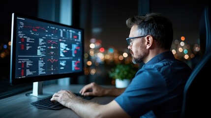 Fototapeta premium Data Analyst Working Late at Night