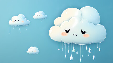 Cute sad cloud illustration with rain drops and cartoon expression. Melancholy Rain Clouds. Illustration
