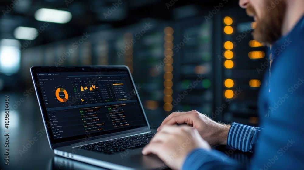 Poster analyst working on laptop in data center environment