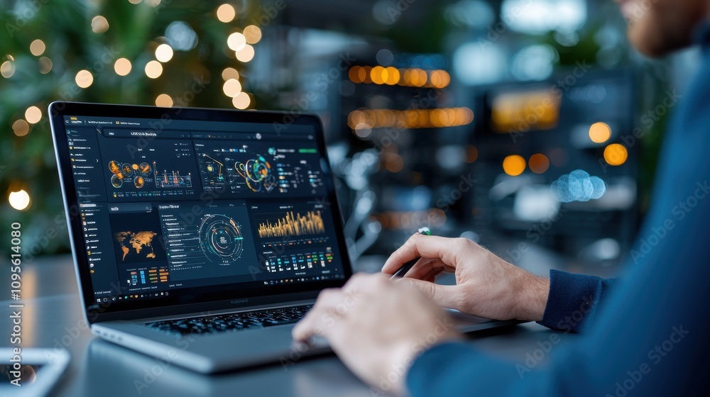 Aufkleber analyst working on laptop with data visualizations