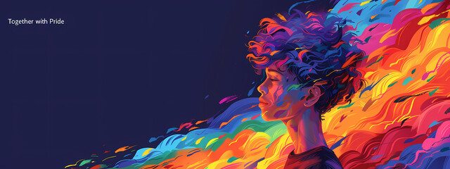 A young Black male artist with curly hair standing in profile, surrounded by vibrant, colorful swirls symbolizing pride and diversity.