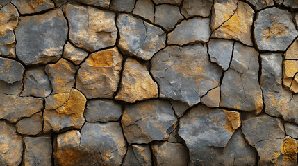 Fototapeta premium A detailed image of a dry-cracked stone wall, highlighting the interplay of light and shadow.
