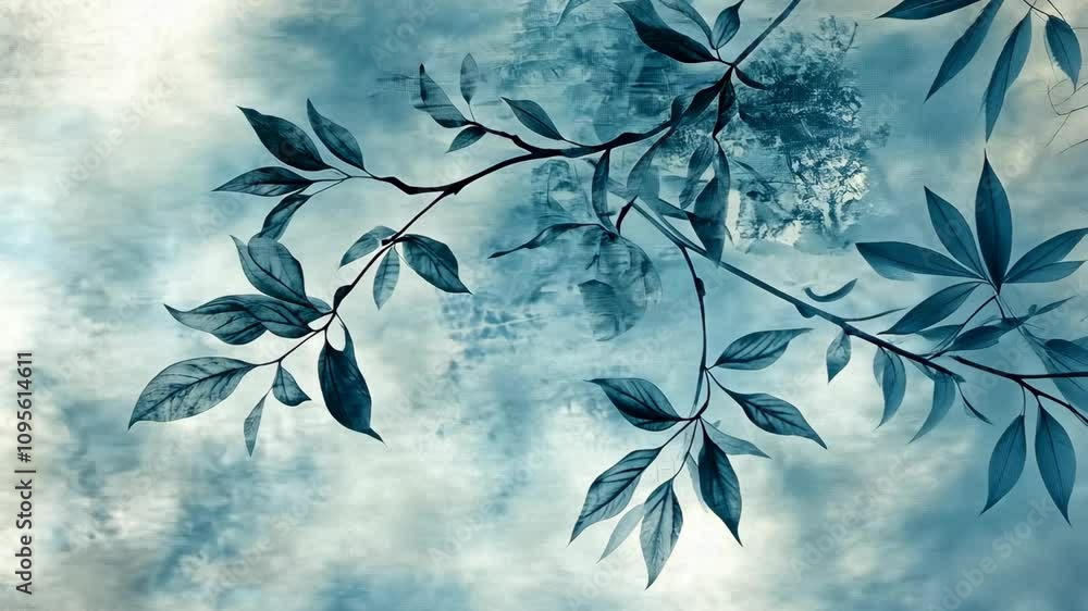 Aufkleber branches with leaves against a soft blue background creating a serene and calming atmosphere