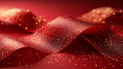 An elegant red ribbon with golden accents, perfect for celebrating occasions like Chinese New Year or spring festivals; its glossy texture radiates joy and luxury.