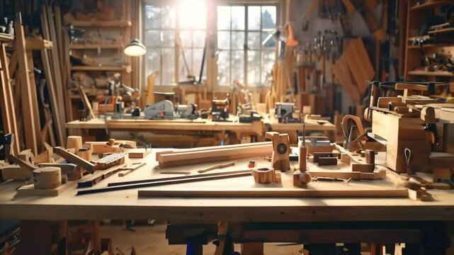 A well-equipped woodworking shop with tools and materials scattered on a workbench.