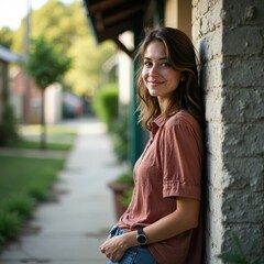 Obraz premium Smiling Young Woman Leaning Against Stone Wall Outdoors