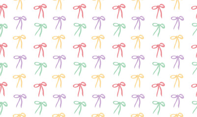 Seamless pattern with pastel pink, yellow, mint, purple ribbon bow isolated on white background. Cute girly coquette aesthetic ribbons, bows. Use for textile, fabrics 