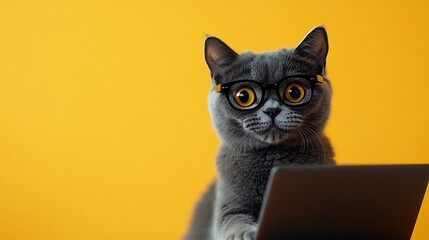 Cat working on laptop home office digital content cozy setting whimsical concept