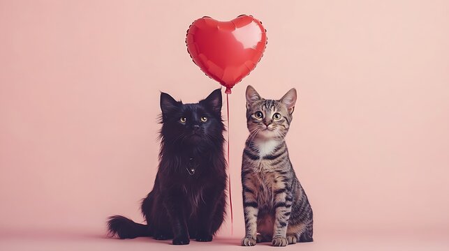 Cats with heart balloon indoor cute pets playful love theme