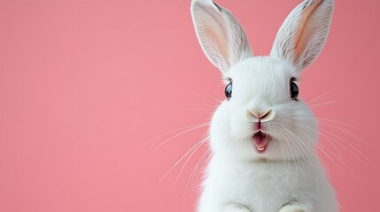 Obraz premium Playful white rabbit studio animal portrait pink background cute