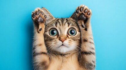 Playful cat raising paws studio animal photography blue background