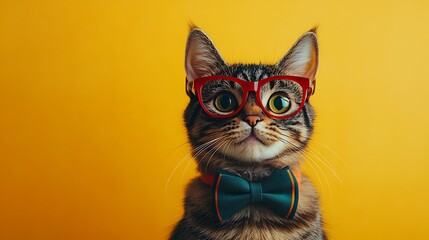Playful cat in glasses and bowtie studio portrait fun