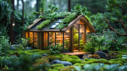 A miniature greenhouse surrounded by lush greenery and rocks, showcasing a serene environment.