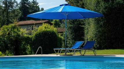 Obraz premium A blue umbrella shades two lounge chairs by a sparkling pool, with a villa in the background.