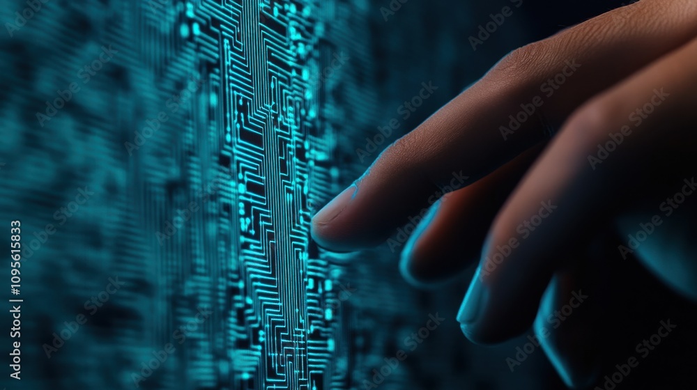 Aufkleber hand interacting with blockchain network technology