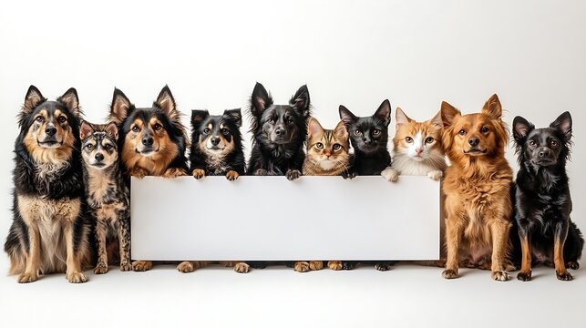 Adorable dogs and cats group photo studio pet portrait fun cheerful