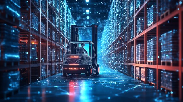 Driverless forklifts navigating through storage racks in a futuristic high-tech warehouse, with glowing wireframe structures and scattered light particles on a dark blue background.