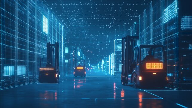 Driverless forklifts navigating through storage racks in a futuristic high-tech warehouse, with glowing wireframe structures and scattered light particles on a dark blue background.