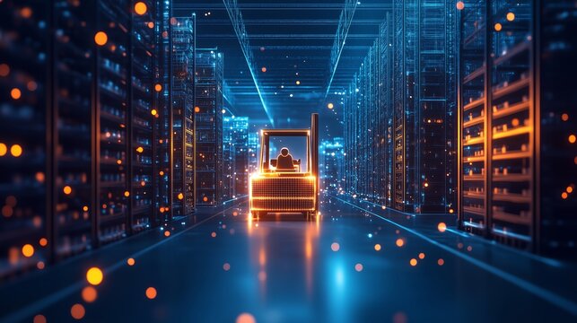 Driverless forklifts navigating through storage racks in a futuristic high-tech warehouse, with glowing wireframe structures and scattered light particles on a dark blue background.