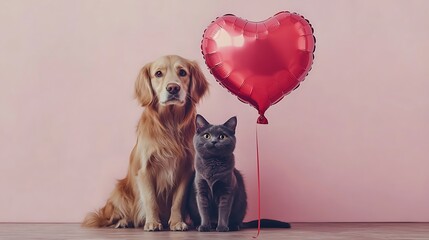 Fototapeta na wymiar Playful pets with heart balloon home lifestyle indoor joyful bonding