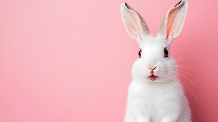 Obraz premium Playful white rabbit on pink background animal photography studio close-up