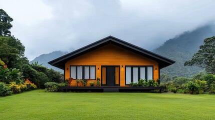 Obraz premium Eco-Friendly House with Solar Panels and Green Surroundings