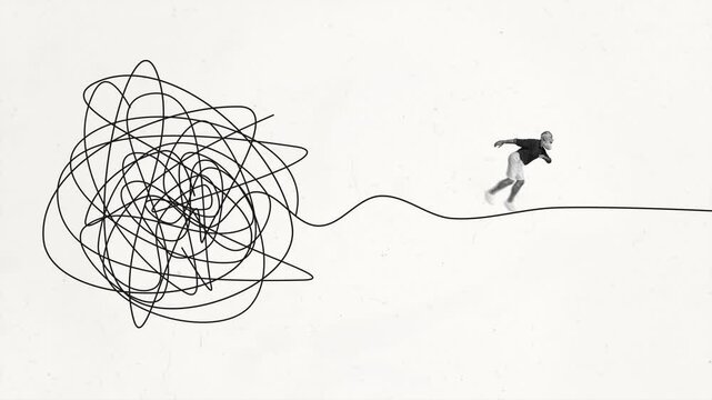 Motion trend art collage video of happy old man run scribble tread chaos scribble tension workload development 