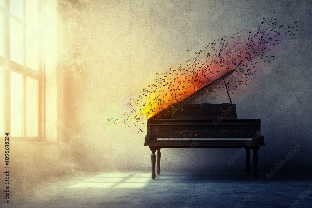 Poster musical creation unleashed abandoned room digital art serene atmosphere eye-level view artistic expr