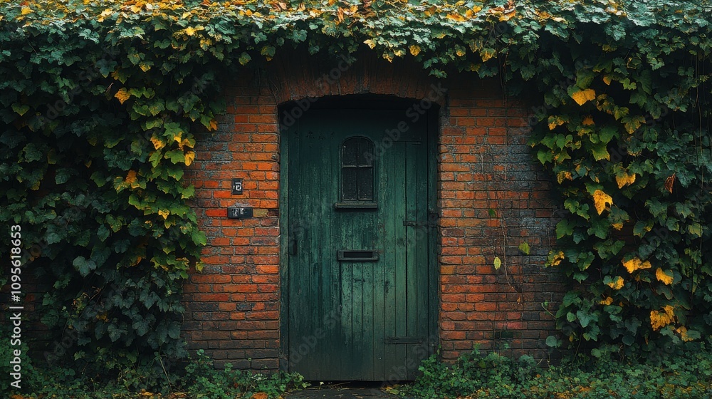 Poster a building with trees and a door