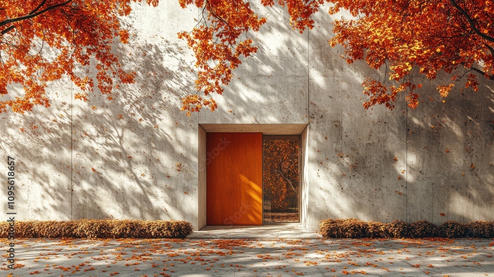 Poster a building with trees and a door