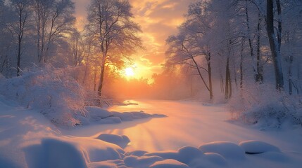 Serene winter sunset over a snow-covered river flowing through a frosty forest.