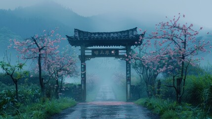 A serene pathway through a misty landscape with cherry blossom trees and an ornate gate.